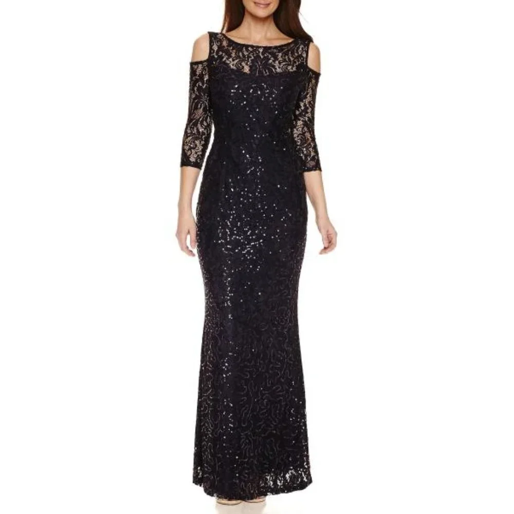 Blu Sage 3/4 Sleeve Cold Shoulder Sequin Lace Evening Gown in Navy New With Tags